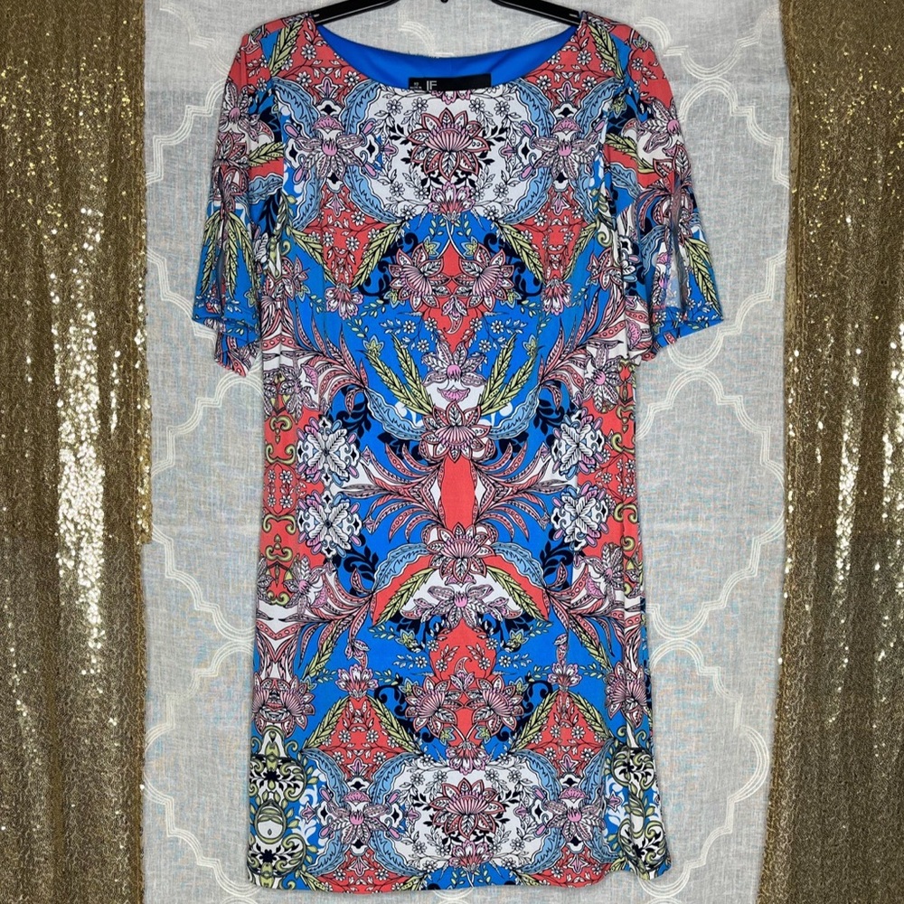 Leslie Fay Short Sleeve Floral Red Blue Dress Size 10